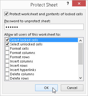 Protection options in the Protect Sheet dialog box.