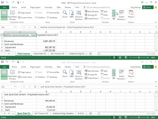 Comparing two worksheet windows side by side.