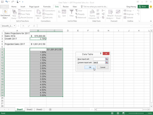Sales projection spreadsheet with a column of possible growth percentages to plug into a one-variab
