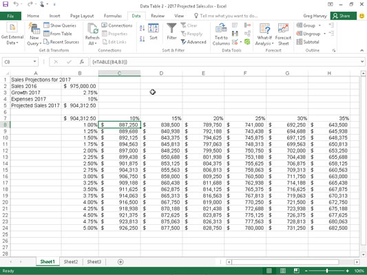 Sales projection spreadsheet after creating the two-variable data table in the range C8:H24.