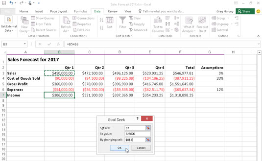 Use goal seeking to find out how much sales must increase to reach a target income.