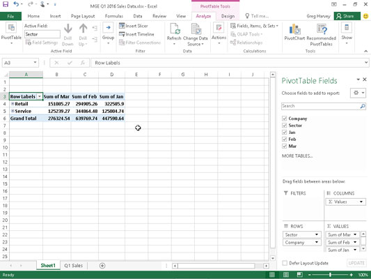 Previewed pivot table created on a new worksheet with the Quick Analysis tool.