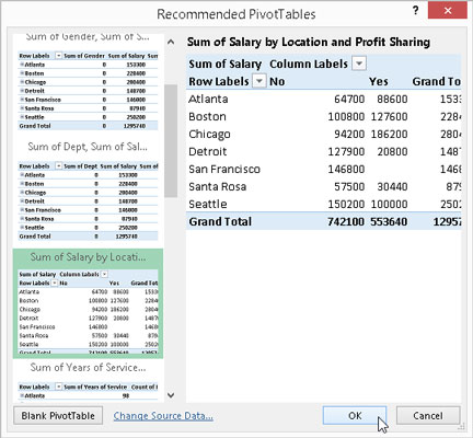 Creating a new pivot table from the sample pivot tables displayed in the Recommended PivotTables di