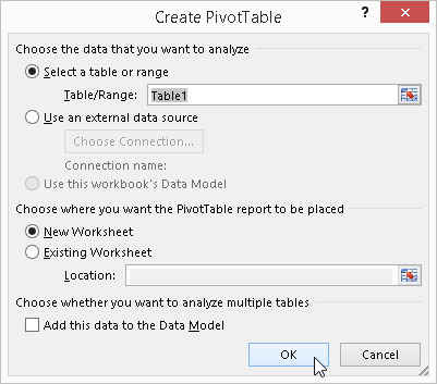 Indicate the data source and pivot table location in the Create PivotTable dialog box.