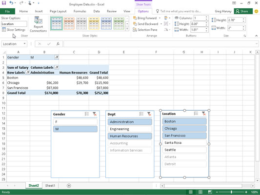 Sample pivot table filtered with slicers created for the Gender, Dept, and Location fields.