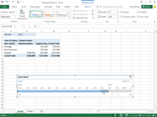 Sample pivot table filtered with a timeline created for the Date Hired field.