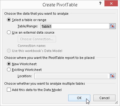 The Create PivotTable dialog box.