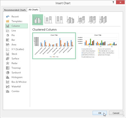 Insert Chart dialog box with the All Charts tab selected where you can preview and select from a wi