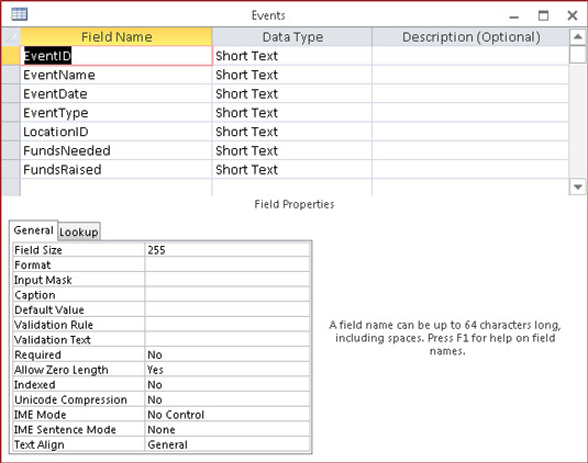 Fields entered in Table design.