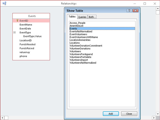 Use the Show Table dialog box to add tables to the Relationships diagram.