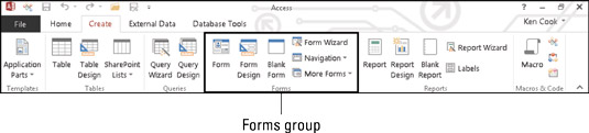 The Create tab of the Ribbon holds the Forms buttons.