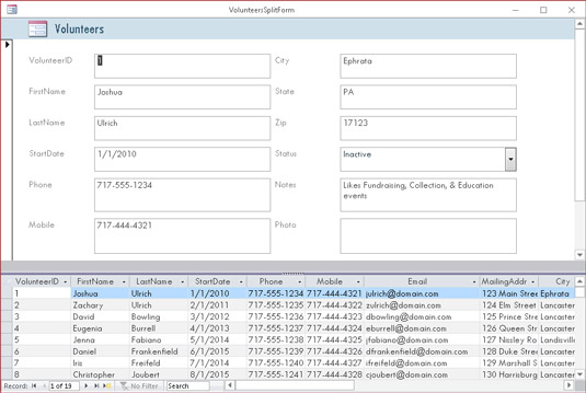 Form based on the Volunteers table using the Split Form button.