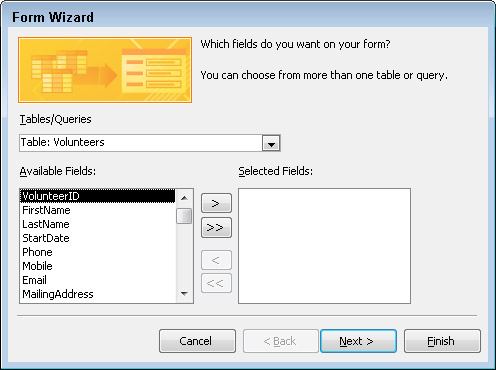 Select the data source and fields you want to see on the form.