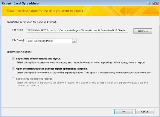 Step 1 of the Export – Excel Spreadsheet dialog box completed.