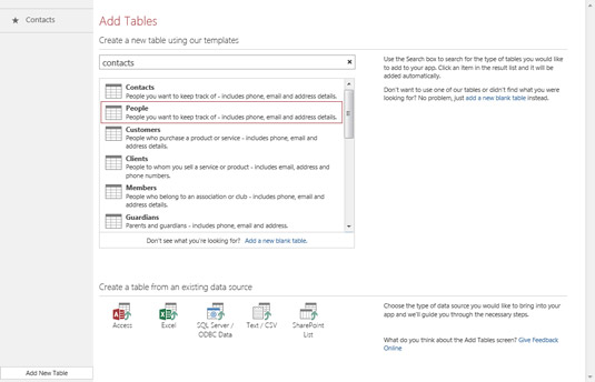 Access finds tables related to the keyword contacts.