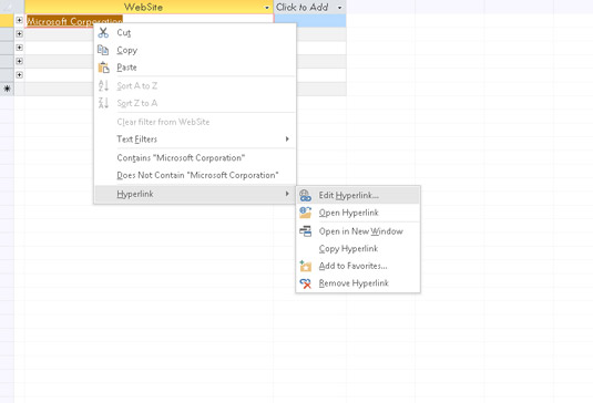 Right-click a stored hyperlink within the table and access tools for editing it.
