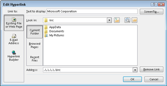The Edit Hyperlink dialog box.