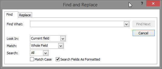 The Find and Replace dialog box.