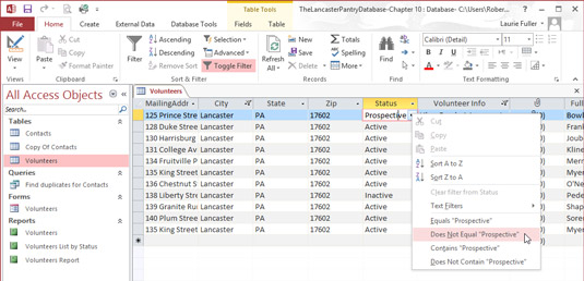 With one click, Access hides all volunteers whose Status field value is Prospective.