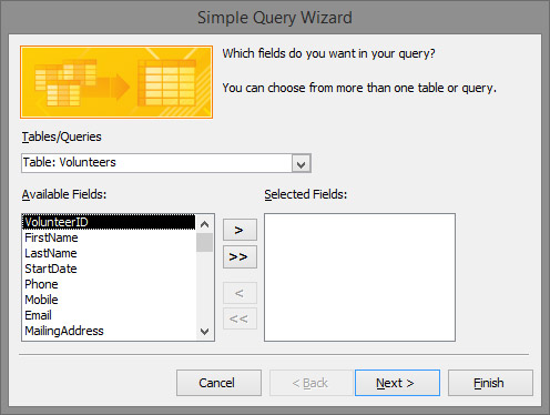 The Simple Query Wizard starts and asks which table(s) you want to query.