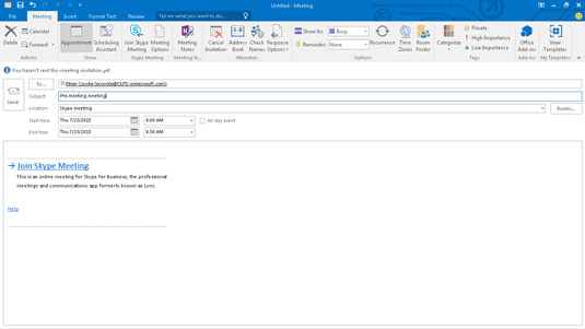 Creating a Skype meeting in Outlook is as simple as clicking the button labeled Join Skype Meeting.