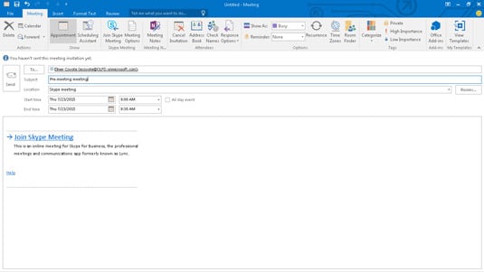 Creating a Skype meeting in Outlook is as simple as clicking the button labeled Join Skype Meeting.