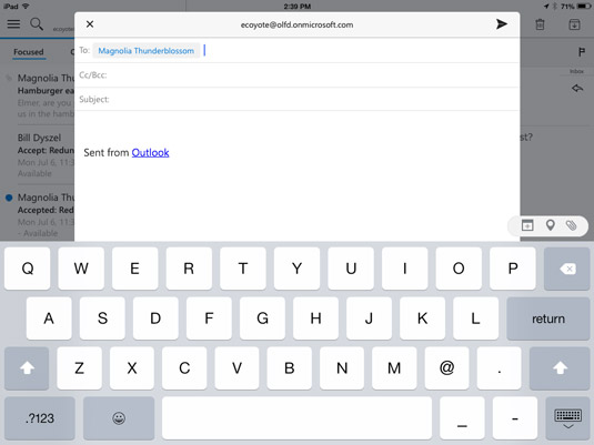 The new message form in Outlook on an iPad.