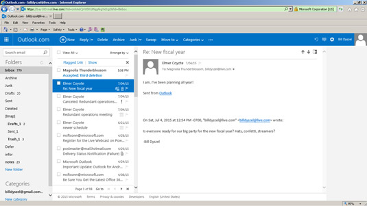 The Outlook.com screen offers toolbars and buttons to help you get around.