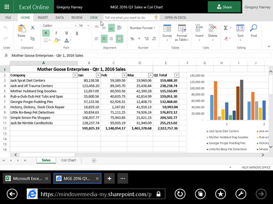 Using Excel Online to edit a workbook saved on OneDrive in my web browser.