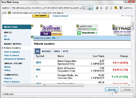 Selecting the table of data to import on the Yahoo! Finance web page.