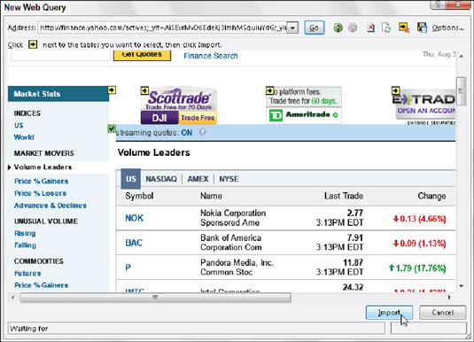 dynamic web queries excel 2016