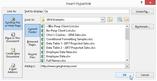 Linking to a web page in the Insert Hyperlink dialog box.