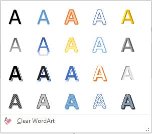 The WordArt Quick Styles gallery.