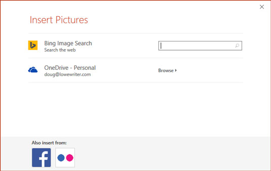 On the Ribbon, choose Insert→Online Pictures.