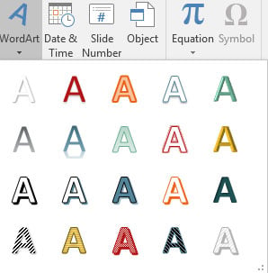 On the slide on which you want to insert WordArt, click the Insert tab on the Ribbon and then click the WordArt button in the Text group.