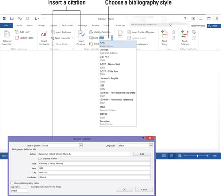 Adding a citation (left) and formatting citations (right) for a bibliography.