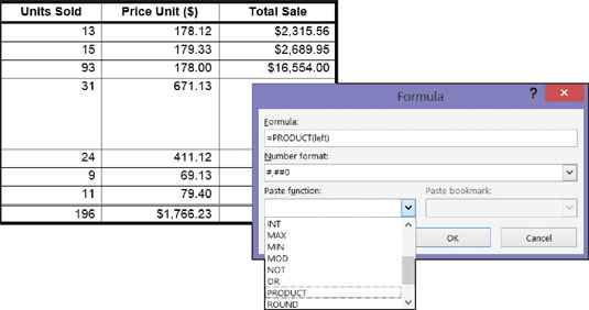 A math formula in a table.