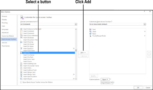 Add, remove, and reorder Quick Access toolbar buttons in the Options dialog box.