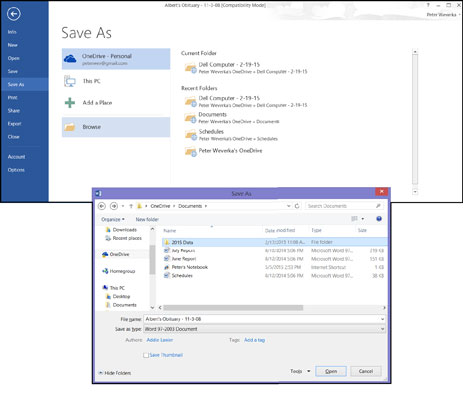 Choose OneDrive in the Save As window to save a file from your computer to a OneDrive folder.