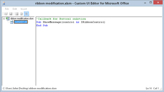 The VBA callback procedure that is executed by clicking the Ribbon button.