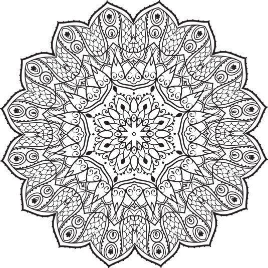 This mandala also mixes detailed areas on the outside with more open areas on the inside.