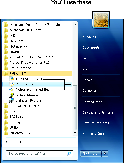 <b>Figure 1</b><b>:</b> Python entries in Start menu.