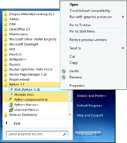 <b>Figure 2</b><b>:</b> Right-click to pin Python to your Start menu.