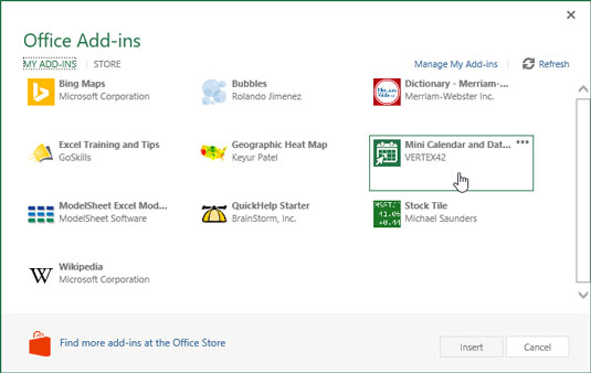 Inserting the Mini Calendar and Date Picker Office app into an Excel worksheet.