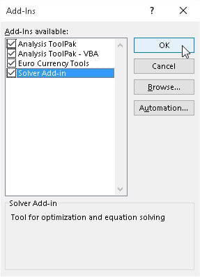 Activating built-in Excel add-ins in the Add-Ins dialog box.