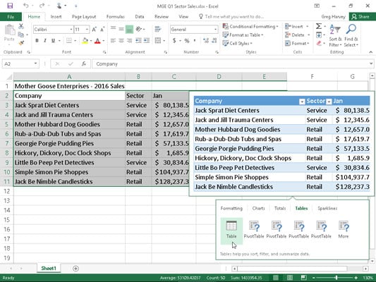 Previewing the selected data formatted as a table with the Quick Analysis tool.