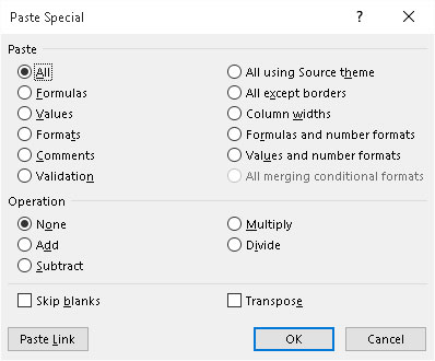 The paste options in the Paste Special dialog box give you control over how a cell selection on the