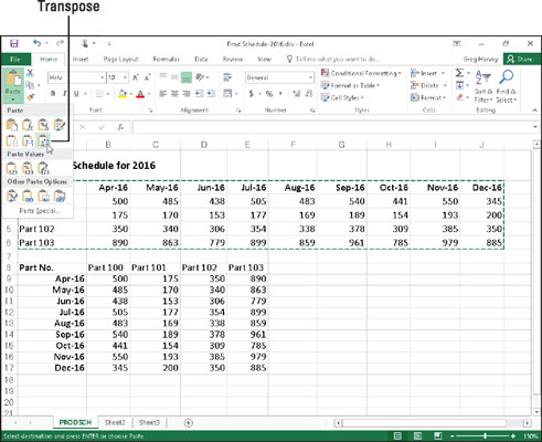 Transposing a copy of the production schedule table so that dates now form the row headings and the