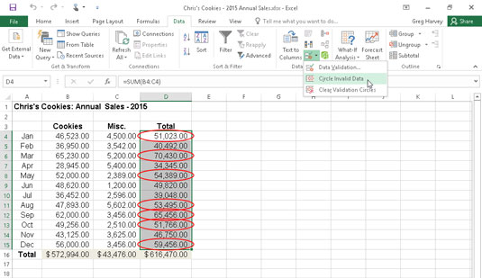 Using Data Validation to mark unexpected entries (monthly sales above $50K) in a data table.