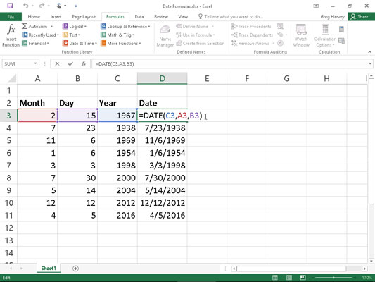 Using the DATE function to combine separate date information into a single entry.
